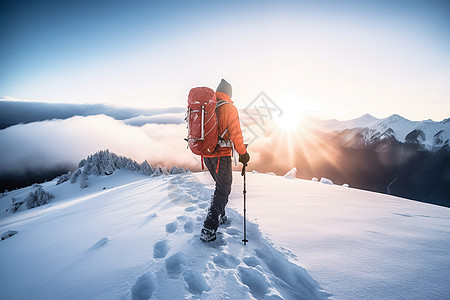 背着背包在雪山上行走高清图片