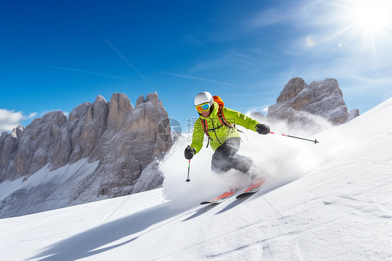 滑雪者正在阳光明媚的雪地滑雪图片