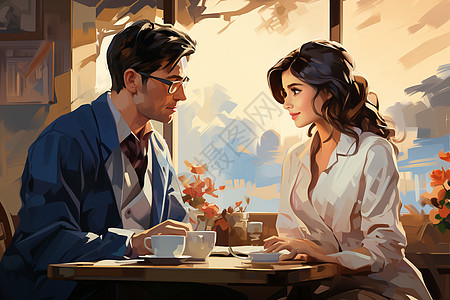 喝咖啡的男人和女人图片