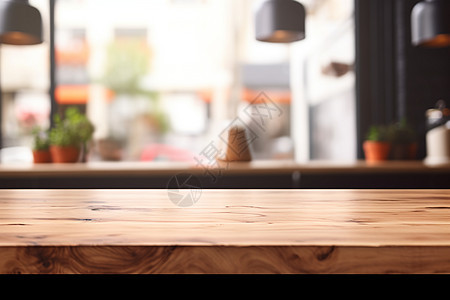模糊咖啡厅背景的木桌背景图片