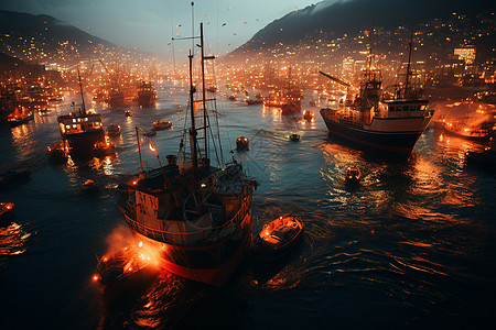夜晚渔船港口之夜景色背景