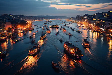 夜晚渔船夜色灯影下的繁忙港口背景