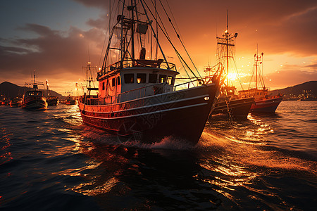 夕阳余晖下渔船归港景观图片