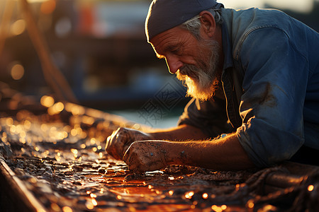 渔民手工打结的绳索和阳光下的铜雕图片