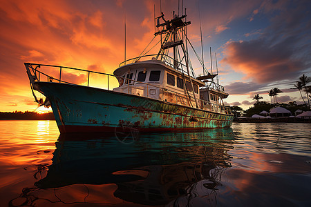 夕阳余晖下的渔船远航背景图片