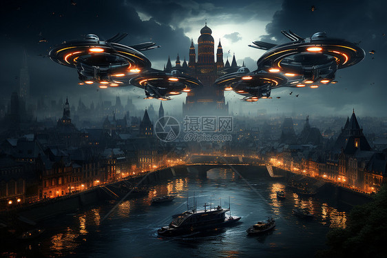 未来城市中的悬浮无人机夜景图片