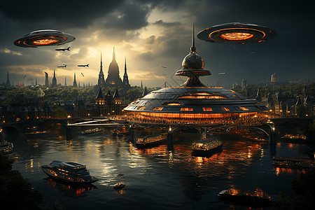 飞行悬浮的未来都市背景图片
