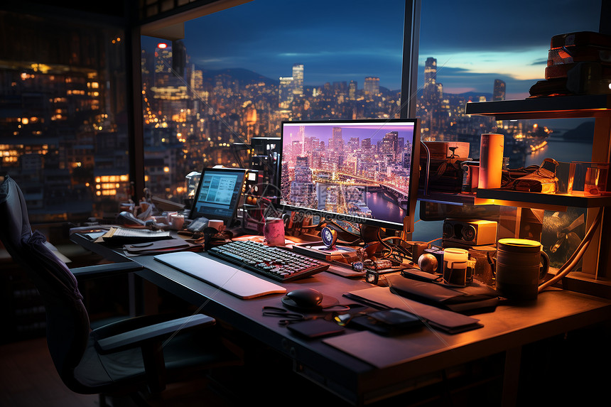 城市夜景下的电脑图片