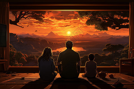 夕阳映照窗前温馨的家庭图片