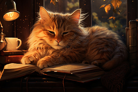 卷曲书上躺着一只卷毛猫插画