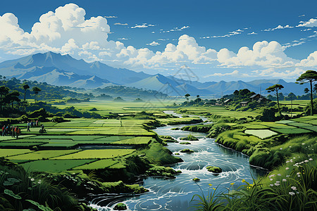 稻田风景画背景图片