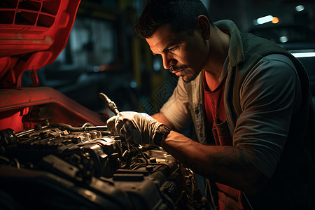 汽车工艺修理车辆细节的技师在车库中工作背景