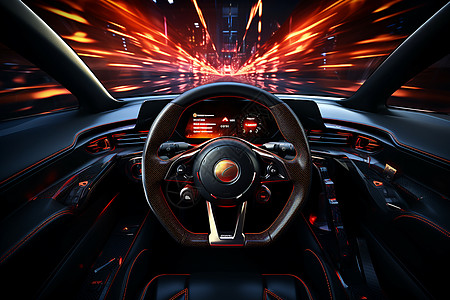 充满科技感的未来汽车驾驶室方向盘图片