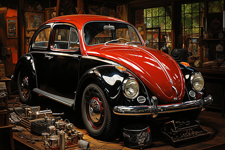 停在维修厂里准备维修修复的古董汽车高清图片