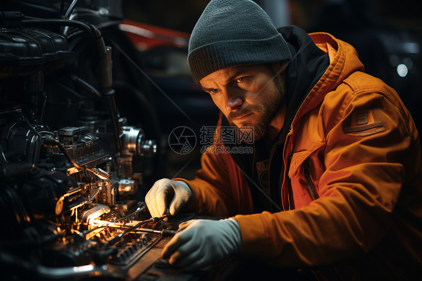 汽车修理专家专注地修理汽车的照片图片