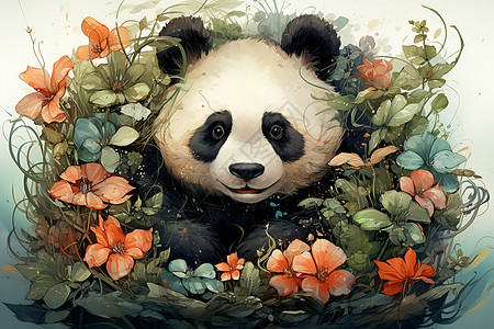熊猫身边的花环背景图片