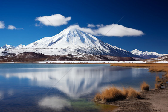 远方的雪山与湖泊图片