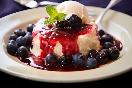 奶油冰淇淋上的蓝莓果酱图片