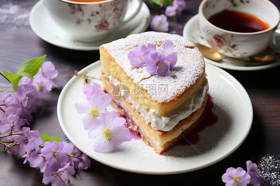 盘子上的蛋糕和花朵图片