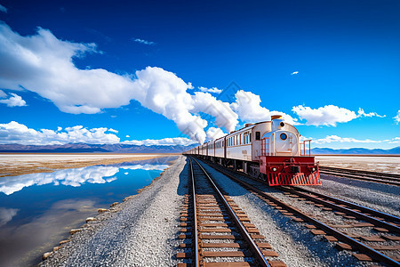 蓝天下的茶卡盐湖和小火车背景图片