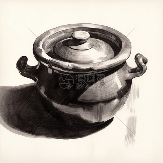 陶瓷锅的素描画图片
