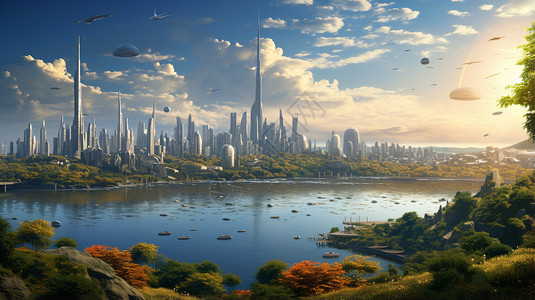 地平线上的未来城市背景图片
