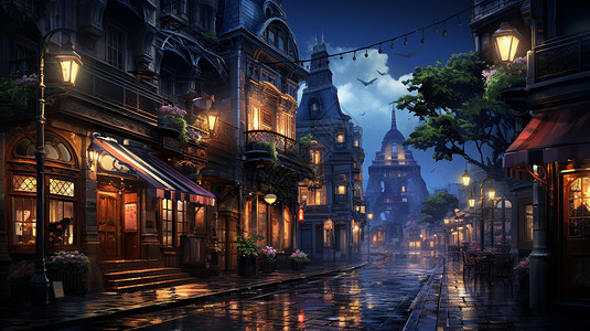 小镇夜晚的风景背景图片