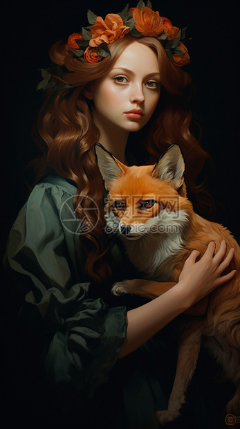 一个女人抱着一只狐狸图片