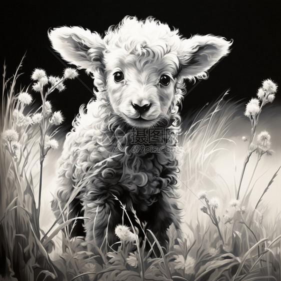 黑白绵羊插画图片