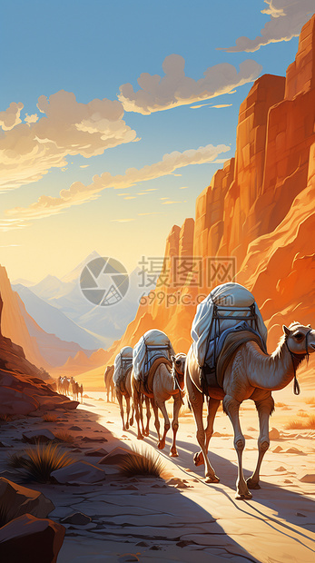 沙漠上行走的骆驼图片