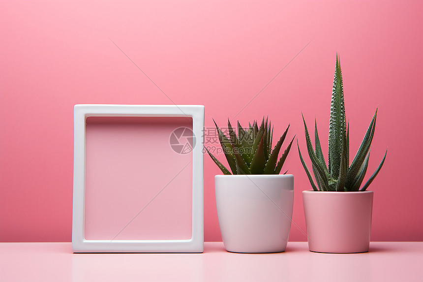 粉色墙壁下的盆栽图片