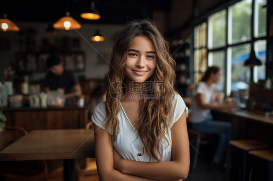 漂亮的女孩在咖啡店图片