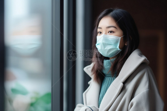 戴口罩望向窗外的女子图片