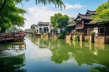 风起浪涌河上画桥风起白帆背景