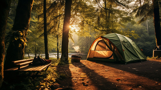 森林中绿色的帐篷图片