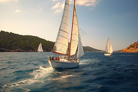 帆船群策驶在水中图片