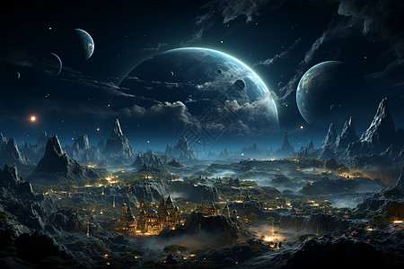月亮上的宇宙城市背景图片