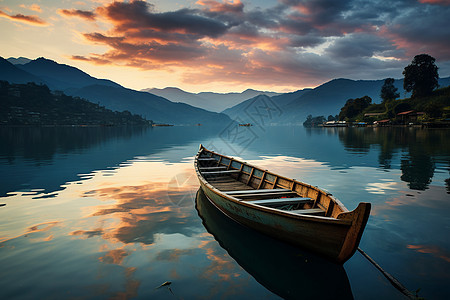 夕阳映照的湖畔渔舟图片
