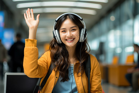 戴着耳机挥手示意的女孩图片