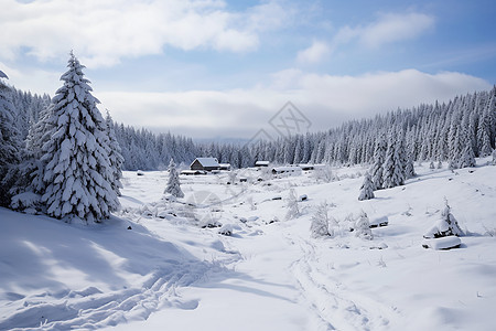 冰雪山间的小屋图片