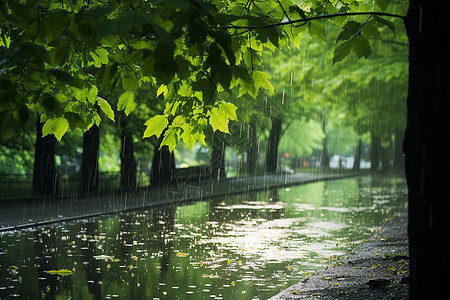 绿色街道城市下雨图片素材