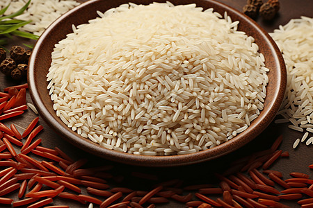 一碗米饭放在木桌上图片