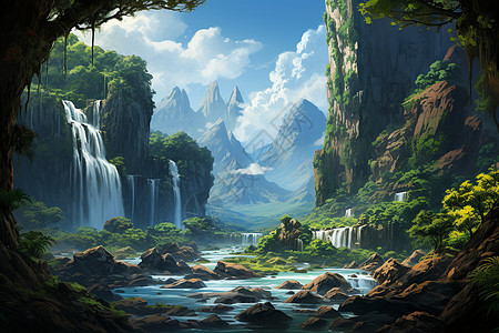 森林瀑布背景图片