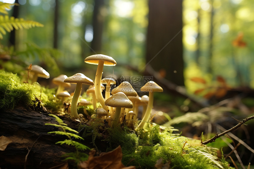 小蘑菇在森林里阳光下生长图片
