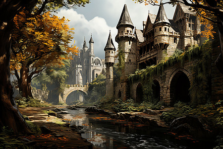 迷幻中世纪城堡风景背景图片
