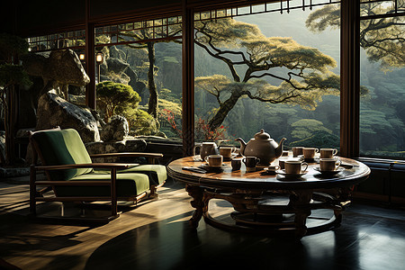 清晨的竹林茶屋图片