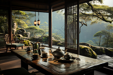 晨光照耀下的中式茶室背景图片