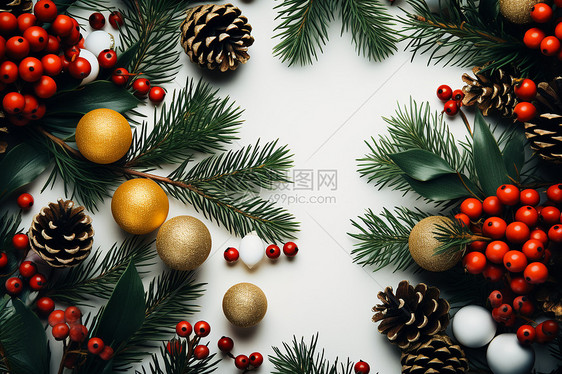 圣诞树上的圣诞球和松塔图片