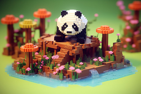积木熊猫趴在平台上背景图片