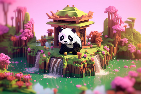 积木瀑布公园里的熊猫背景图片